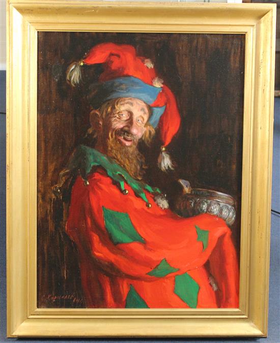 Cepzles Kupunnob (Russian, 20th century) Portrait of a jester holding a silver bowl, 31 x 23in.